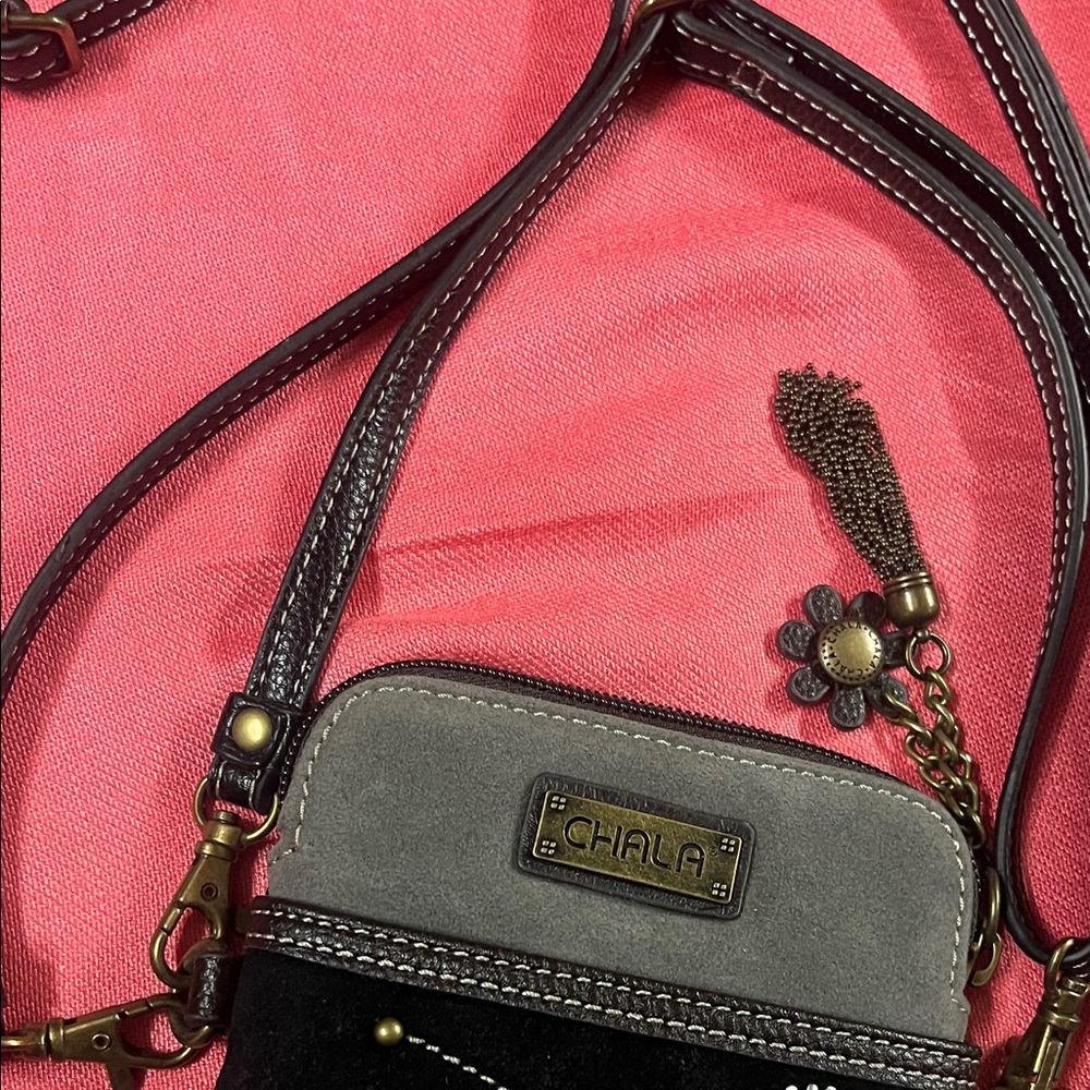 Chala Black/Gray Suede Crossbody Mini- Purse/Phone Bag with Medallion Accents - Picture 5 of 11